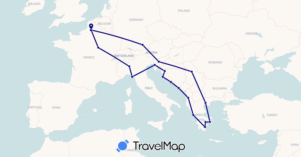 TravelMap itinerary: driving in Albania, Germany, France, Greece, Croatia, Italy, Serbia, Slovenia (Europe)